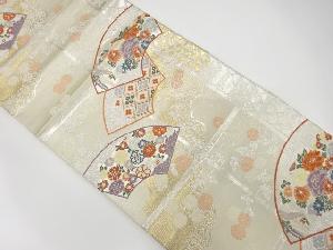 格子に地紙・菊・古典柄模様織出し袋帯